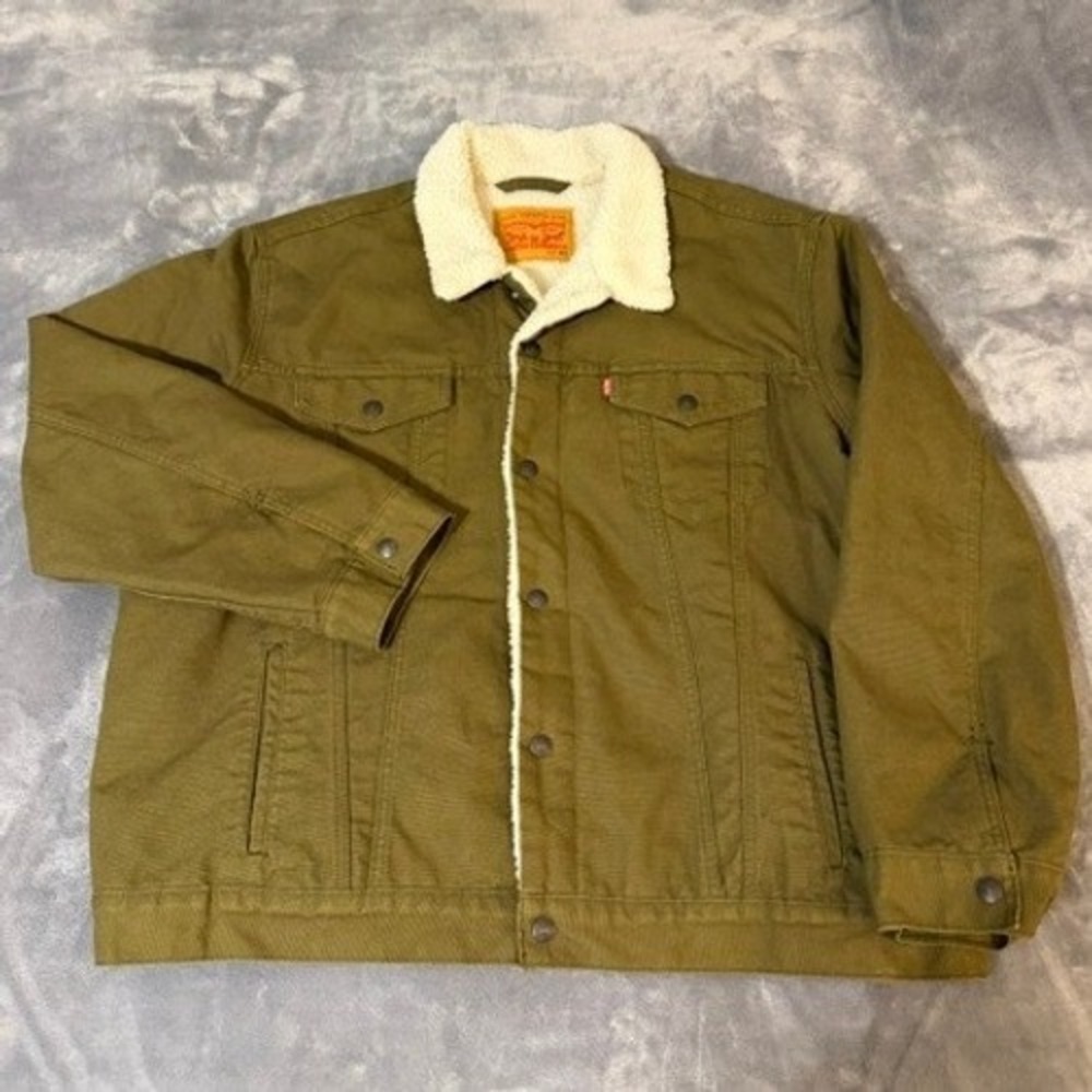 Levis Mens XXL Olive Green Canvas Sherpa Lined Trucker Jacket Type III Coat